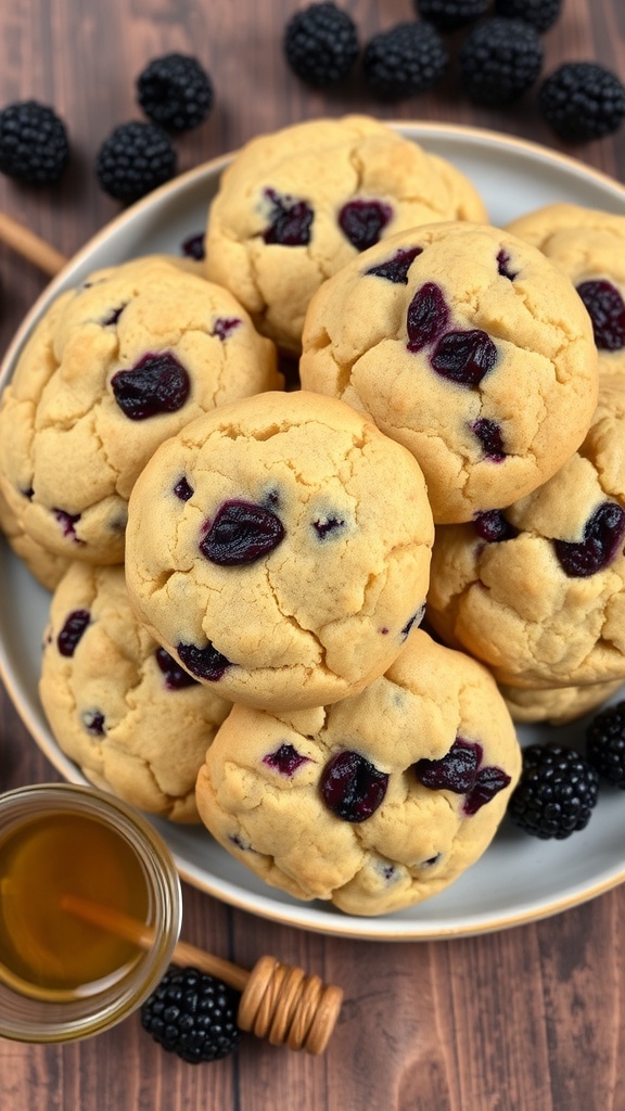 A plate of golden-brown blackberry cobbler cookies with fresh blackberries on a rustic wooden table.